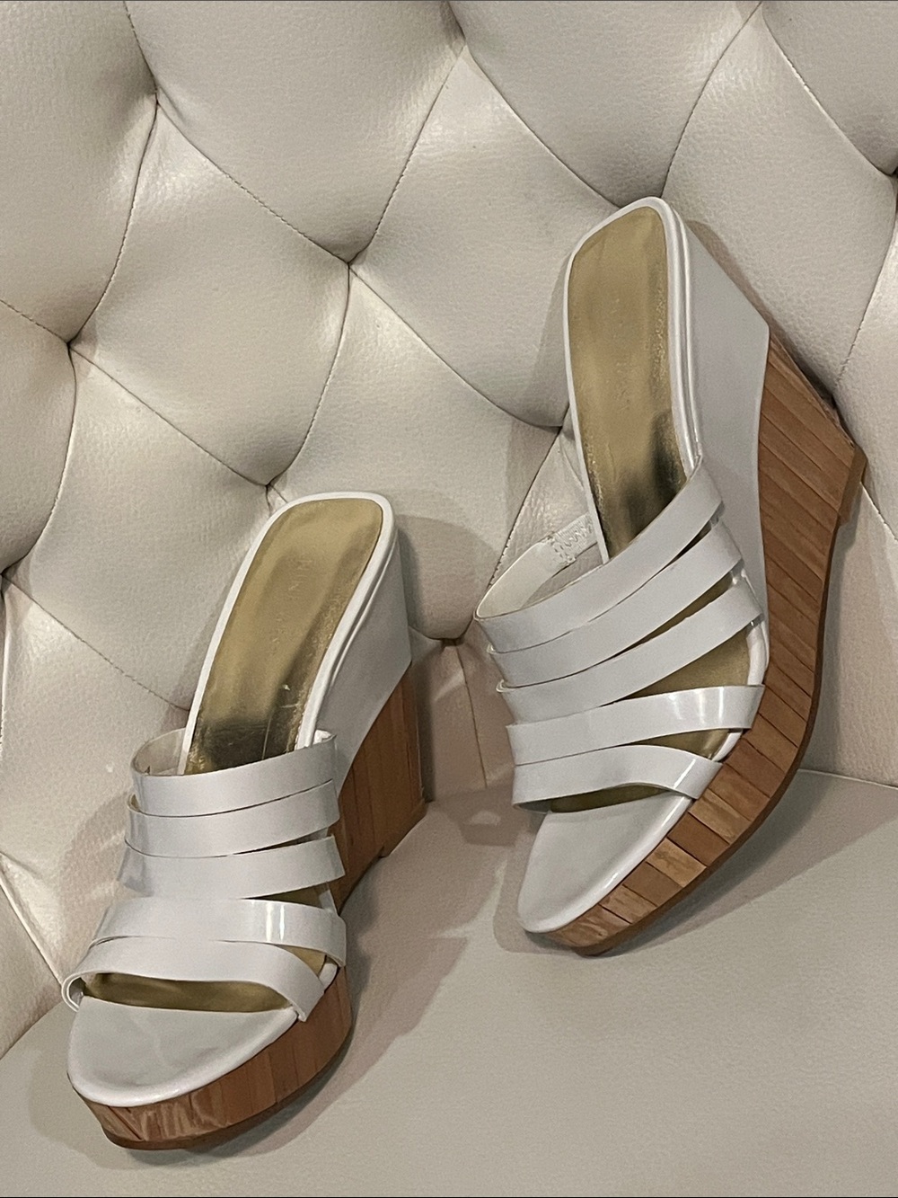 New Nine West White Multi-Strap Platform Wedge Slides